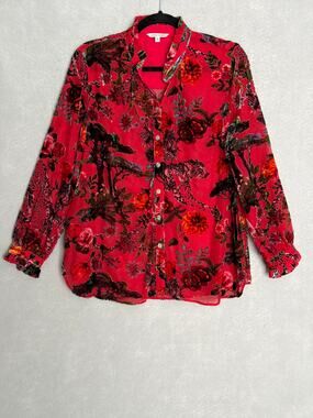 John Mark Velvet Burn-Out Top Button Front Sheer Red Women's PL NEW